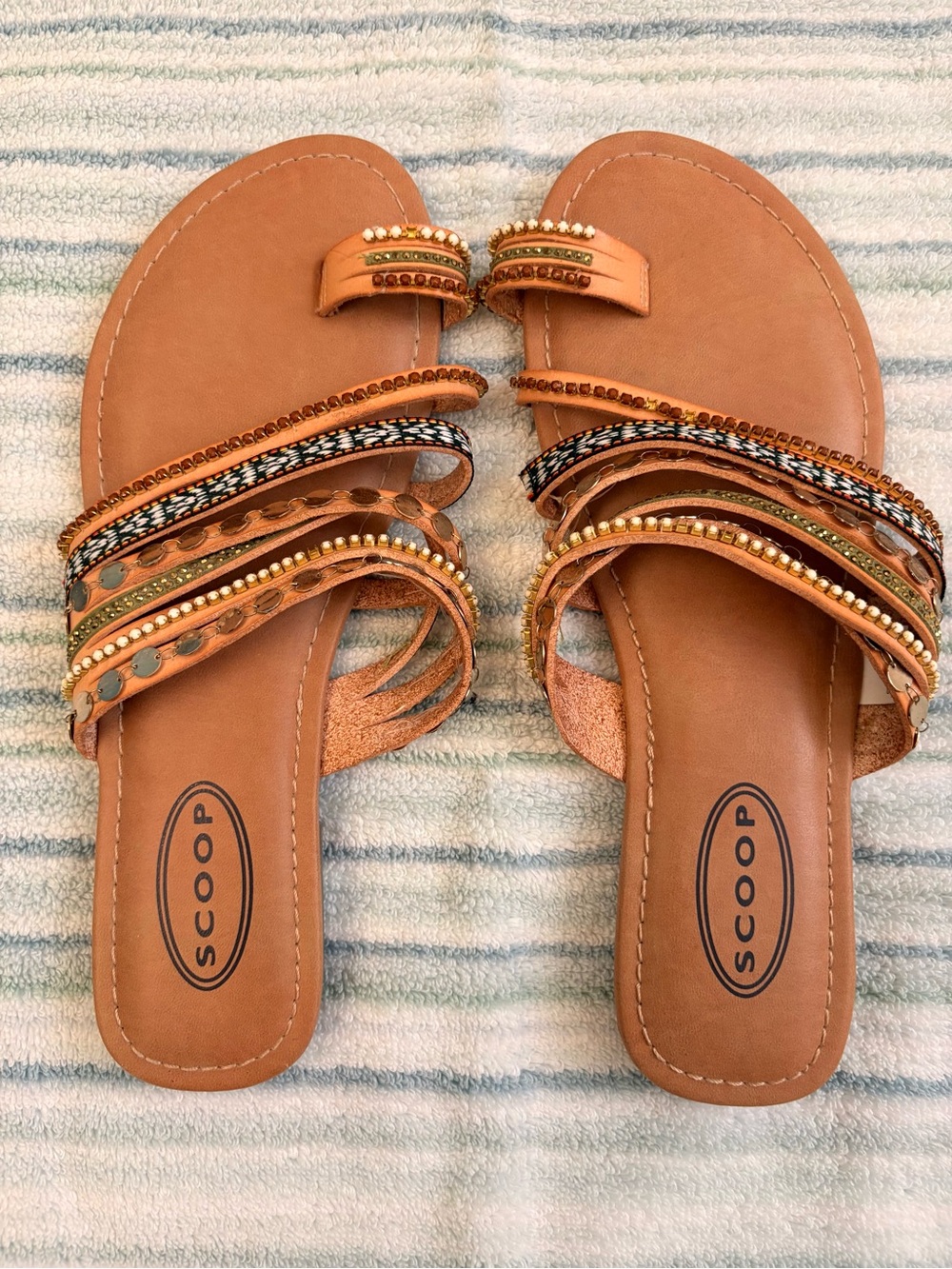 Scoop Women's Tan Beaded Multi-Strap Slide Sandals - Size 8